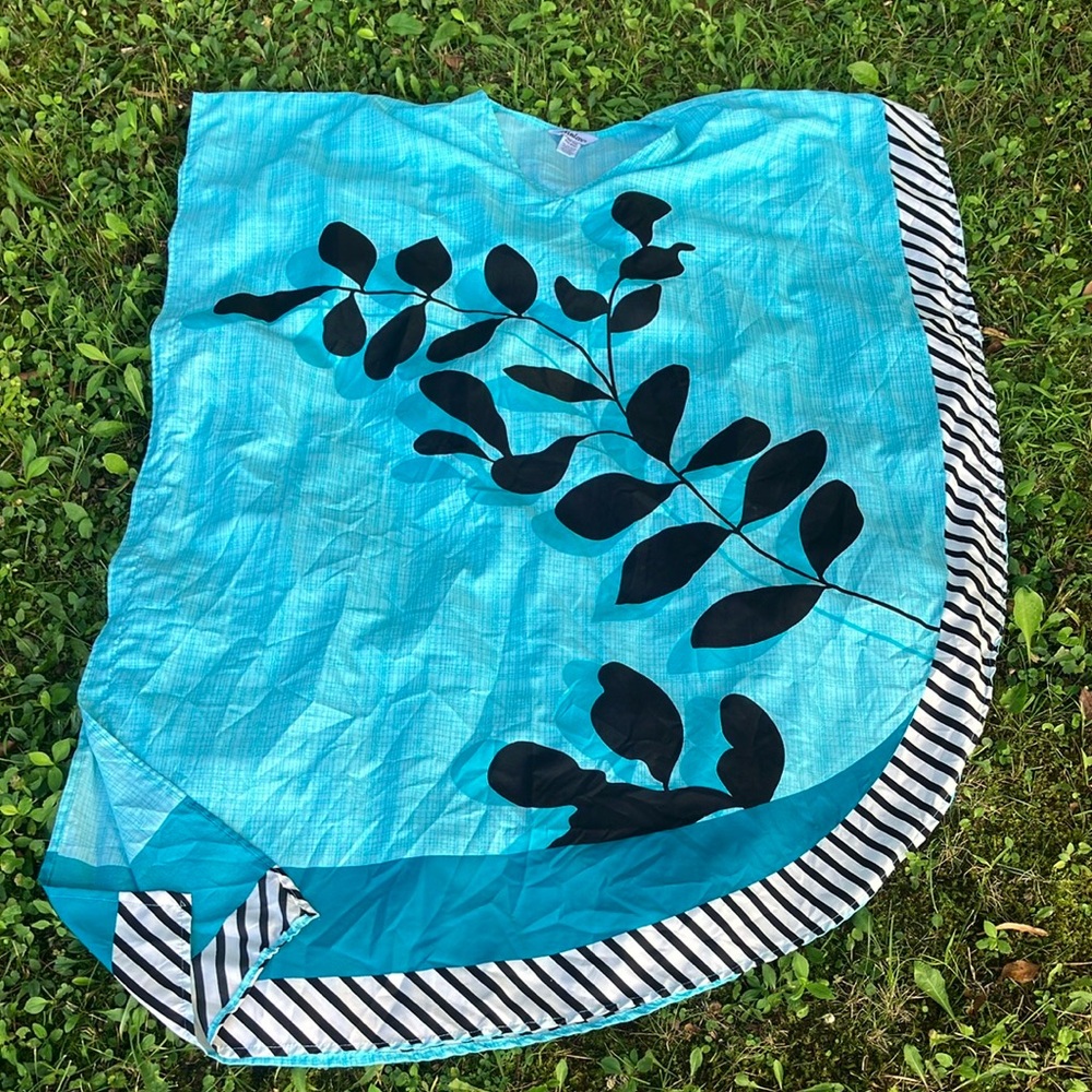 Vibrant Blue coverup/mumu with Black Leaf Design